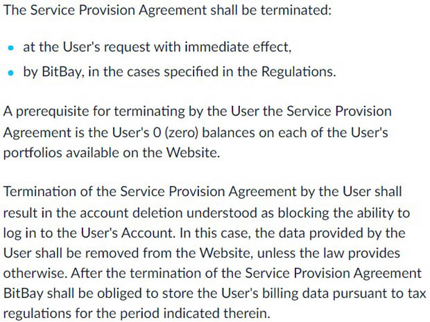 Conditions de résiliation de bitbay.net BitBay résilie l'accord