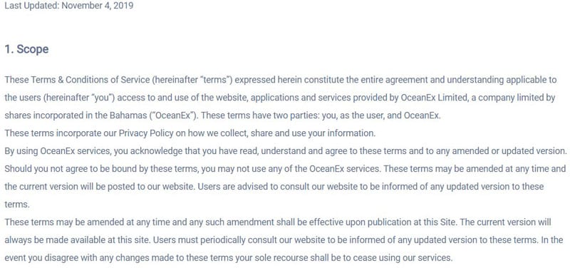 Conditions générales de l'accord d'utilisation d'OceanEx Contrat d'utilisation de l'OceanEx